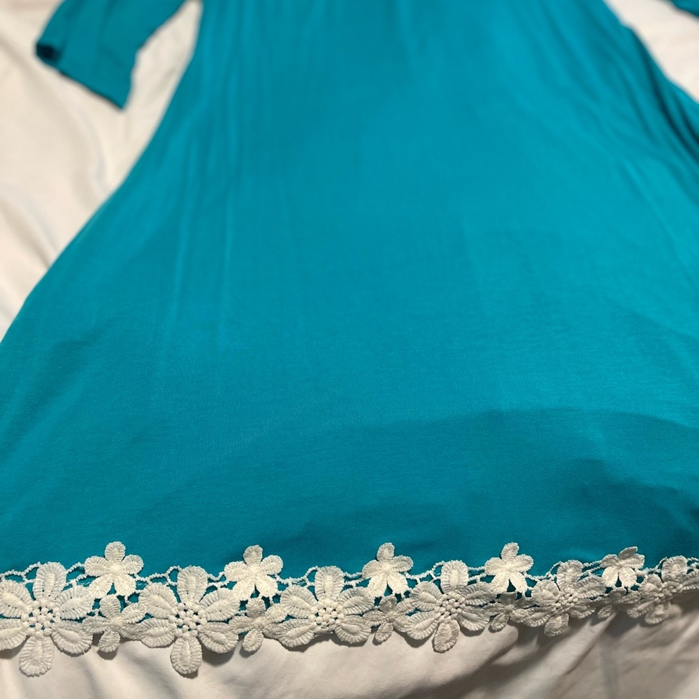 Teal Dress or coverup with Floral Lace Hem